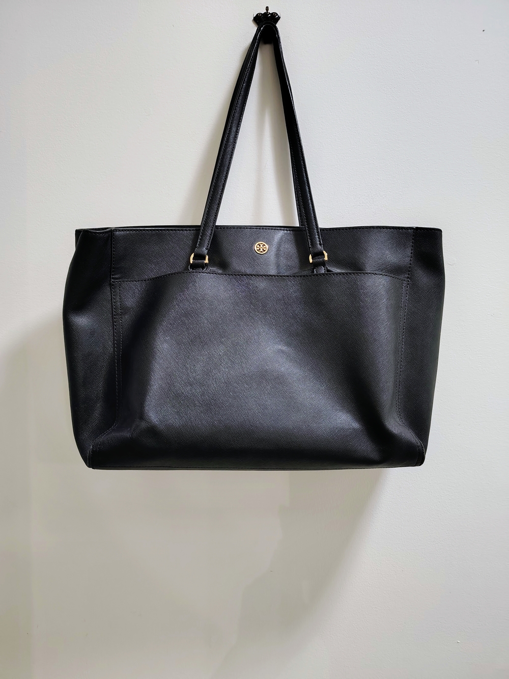 Tory Burch Black Leather Tote with Gold Emblem